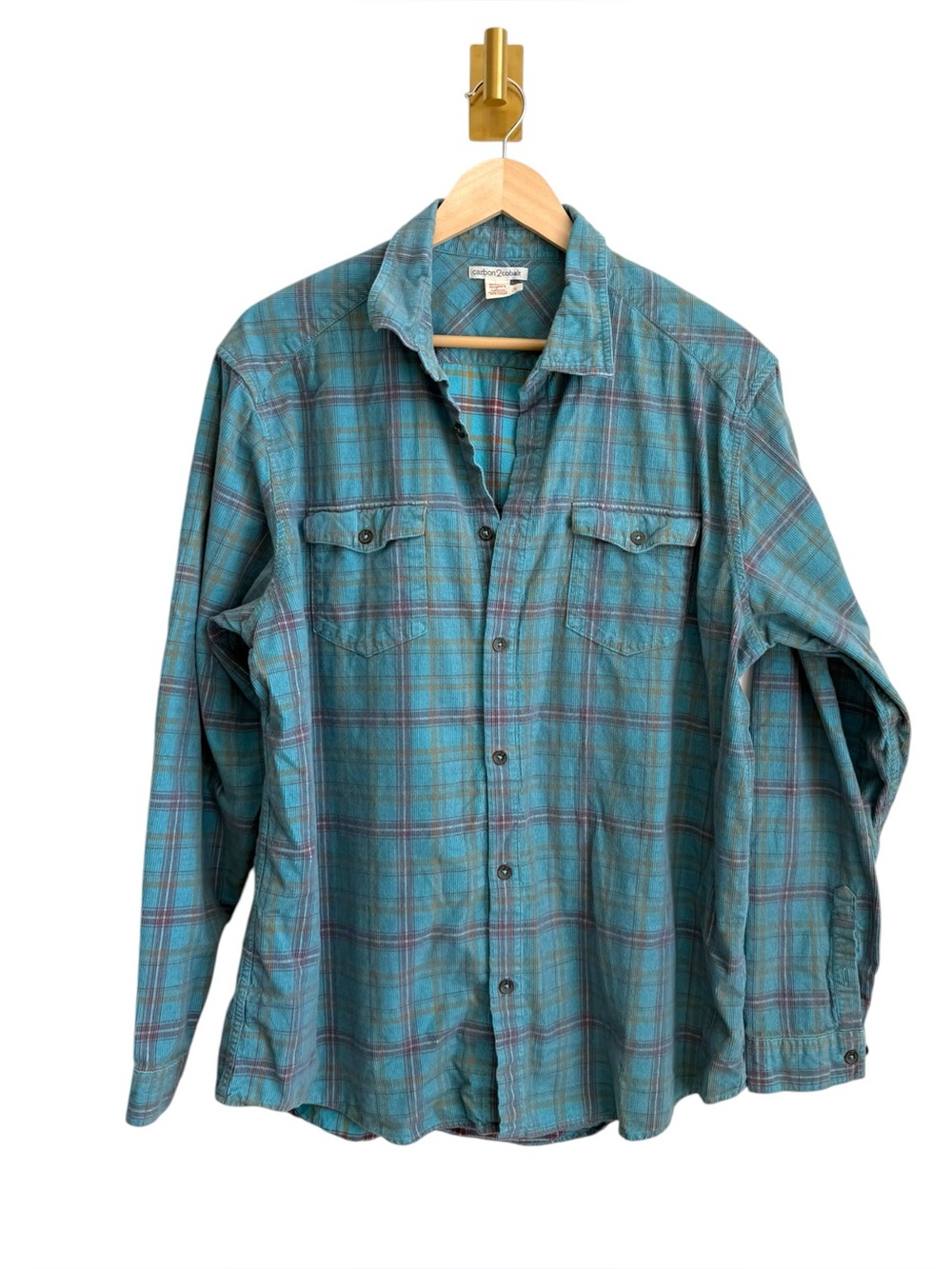 Carbon2Cobalt Men's Plaid Corduroy Button Down Shirt Large Teal Cotton Relaxed